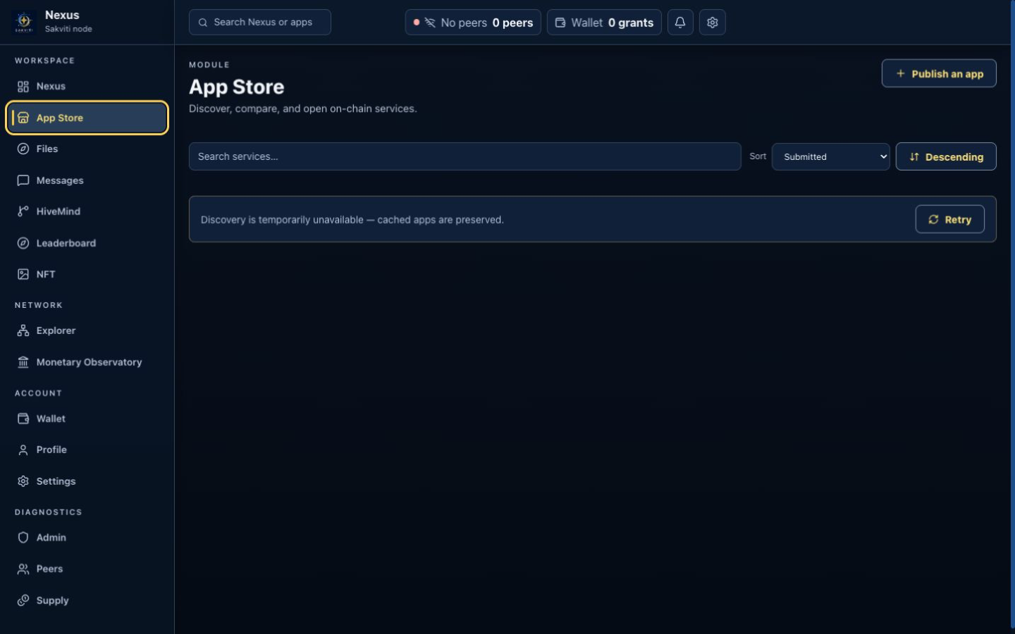 Nexus App Store view showing service search, sorting, publishing, and discovery status