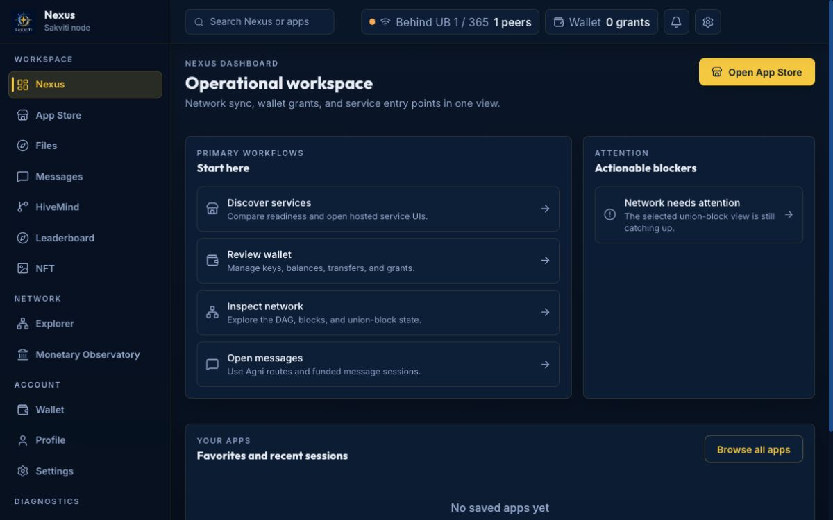 Nexus dashboard showing network, wallet, messaging, and application entry points