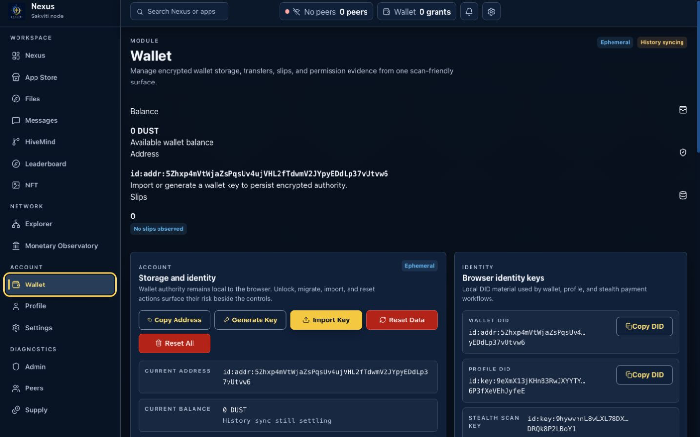 Nexus wallet view showing balance, address, encrypted storage controls, and browser identity keys